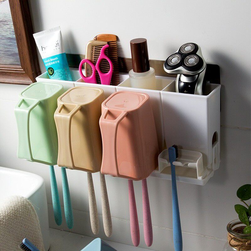 吸壁式牙刷架卫生间壁挂免打孔牙具三口牙刷置物架刷牙漱口杯套装
