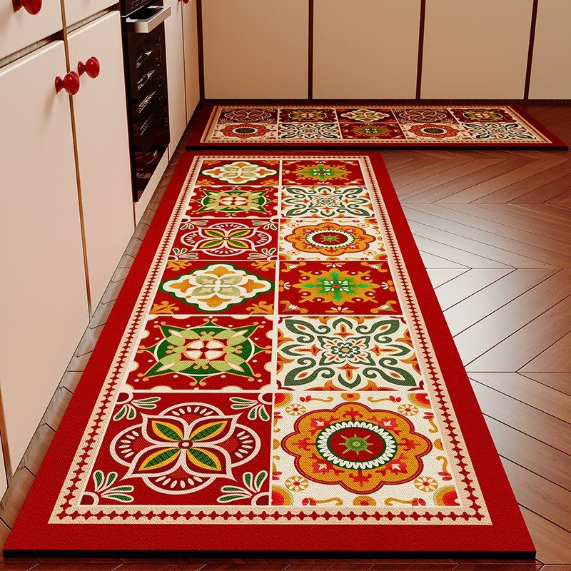 2025新年厨房地垫喜庆红色防滑防油可擦免洗地垫家用吸水地毯耐脏,居家布艺,厨房地垫,淘宝优惠券,粉丝福利购,淘宝优惠卷