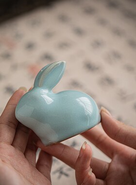 汝窑生肖兔子摆件家居客厅装饰品可养精品创意可爱玉兔茶玩小摆设