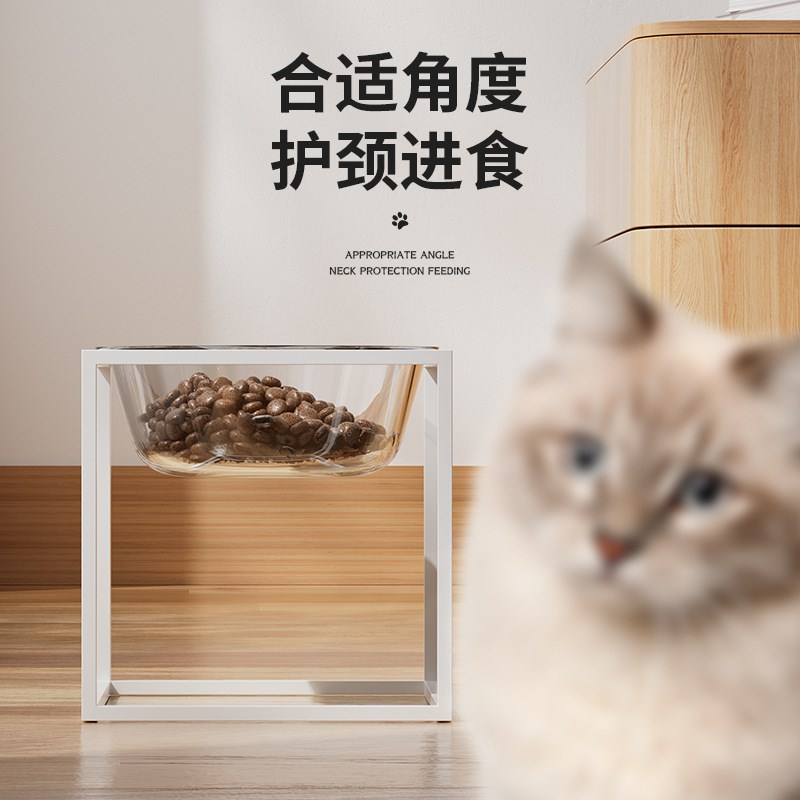网红透明玻璃猫碗猫咪食盆猫粮碗水碗高脚护颈防打翻猫饭碗易清洗