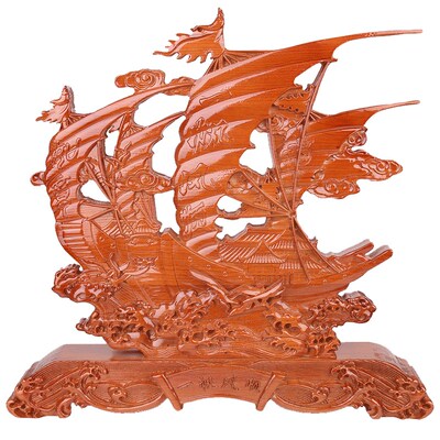桃木一帆风顺摆件木质龙舟帆船实木雕刻工艺品摆屏办公室家居饰品