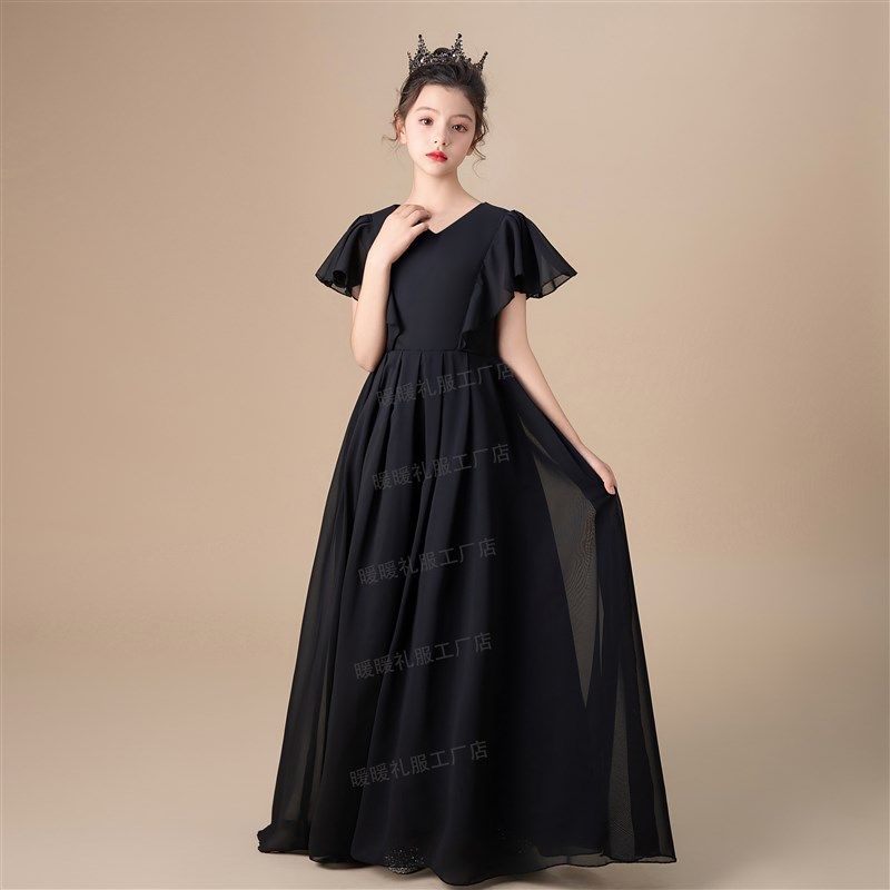 女童黑色礼服裙钢琴小提琴表演服管弦乐团合唱演出服弹力