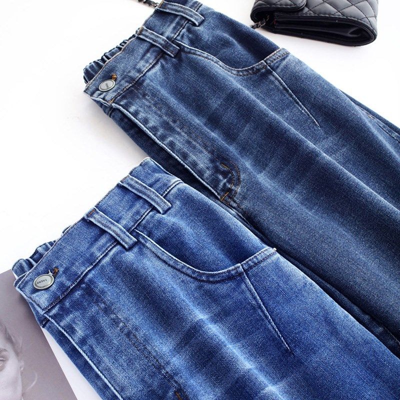 中年妈妈阔腿牛仔裤直筒长裤松紧高腰秋冬加绒弹力女士大码裤子