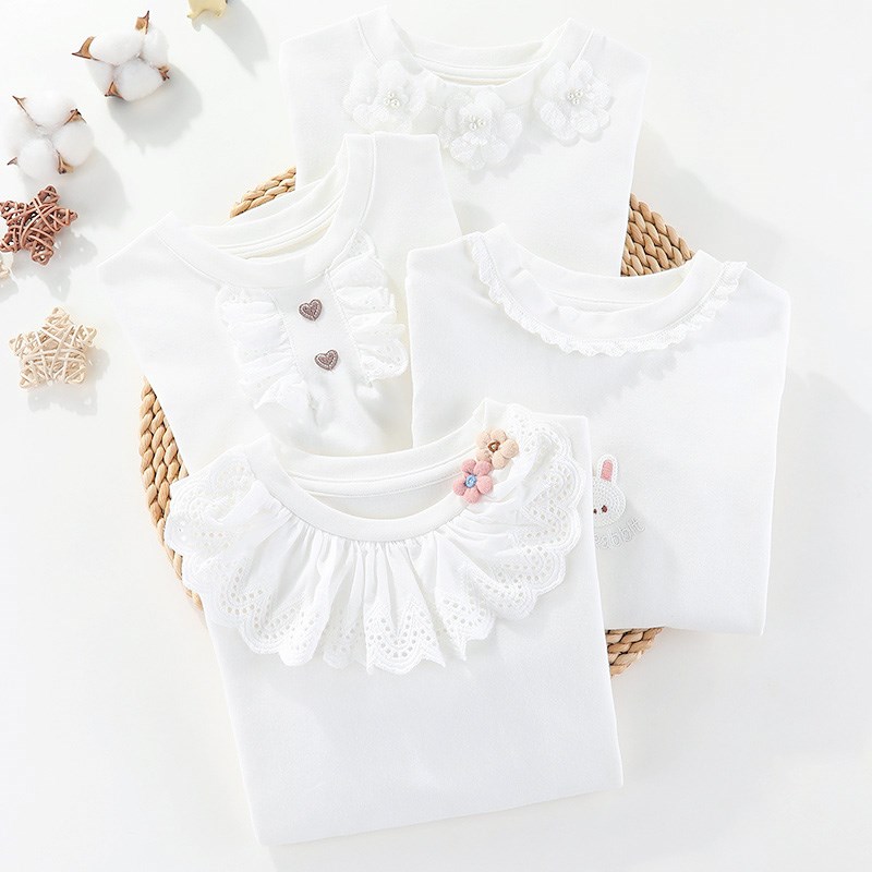 女童长袖白T恤春秋女宝打底衫纯棉内搭儿童娃娃领中大童翻领上衣