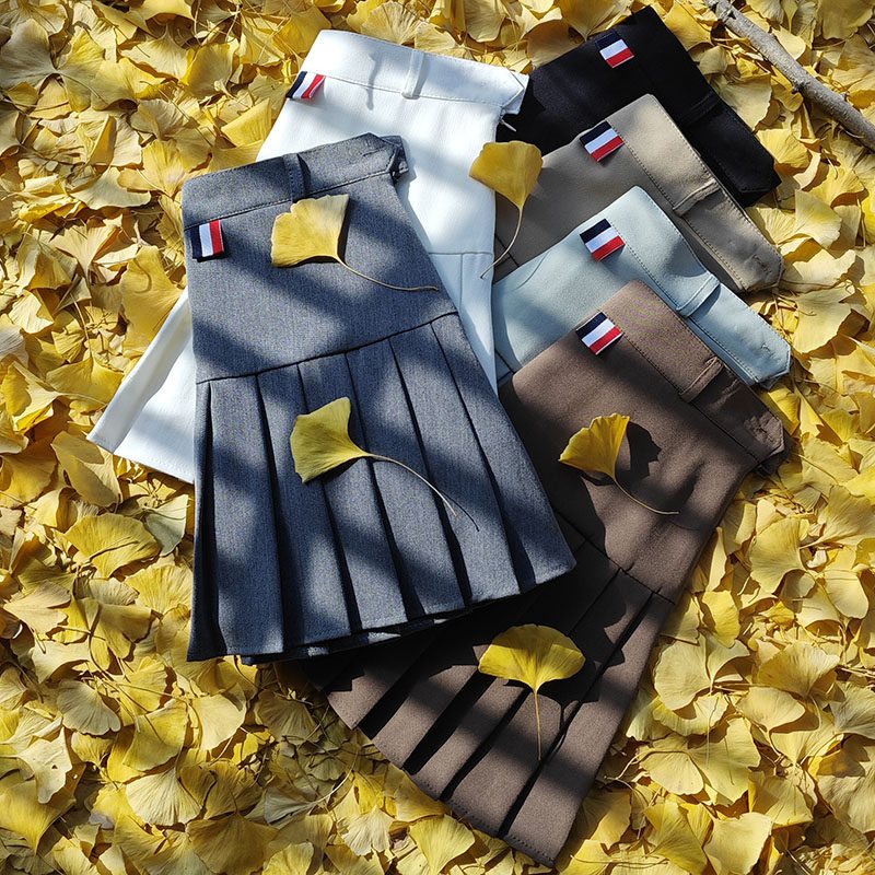 百褶裙女春夏高腰a字裙显瘦半身裙学生灰色西装面料学院风短裙裤