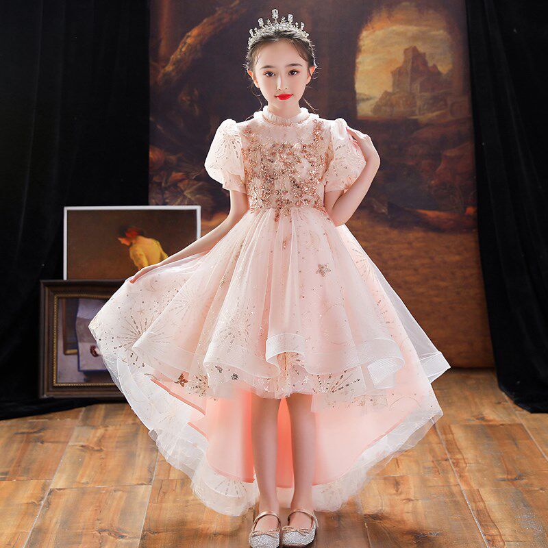 女童礼服前短后长粉色高端儿童生日公主裙花童小主持人钢琴演奏服