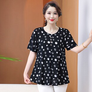 妈妈洋气小衫 圆点上衣短袖 加肥加大码 夏装 T恤 老年人女装 2024新款