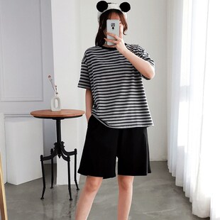 胖妹妹纯棉睡衣女加肥加大码200斤春夏短袖短裤家居服T恤套装外穿