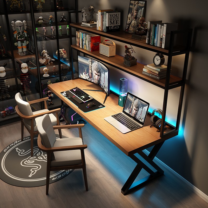 实木大板电竞桌带置物架卧室书桌双人学习桌带抽屉台式电脑办公桌