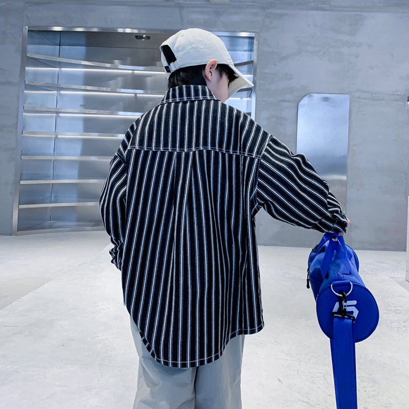 男童春秋装条纹衬衫牛仔外套2024新款儿童装男孩春季酷帅薄款上衣