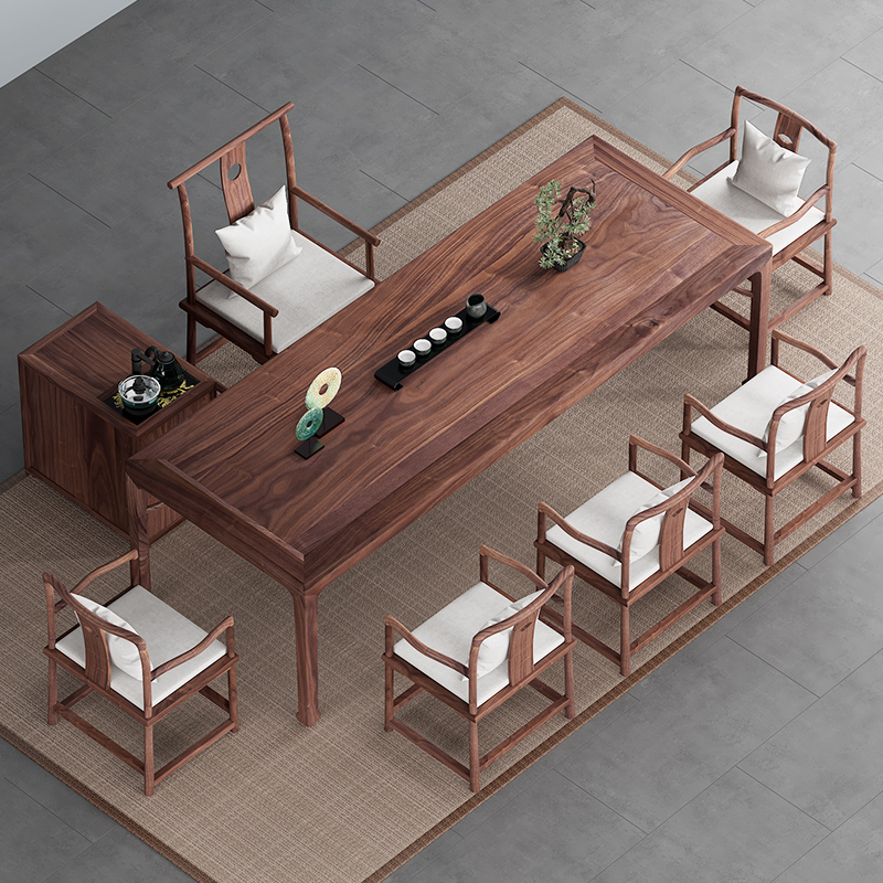 森木林新中式北美黑胡桃木泡茶桌轻奢客厅实木茶几茶桌桌椅组合