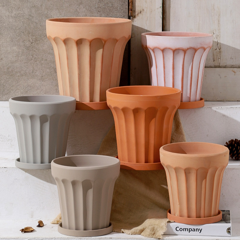 北欧宽边条纹田园风红陶花盆花园装饰种植透气吸水粗陶陶土盆带托,鲜花速递/花卉仿真/绿植园艺,花盆,淘宝优惠券,粉丝福利购,淘宝优惠卷