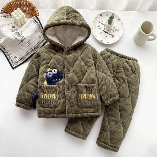 儿童冬季珊瑚绒三层加厚加绒夹棉连帽睡衣中大童外穿保暖家居服