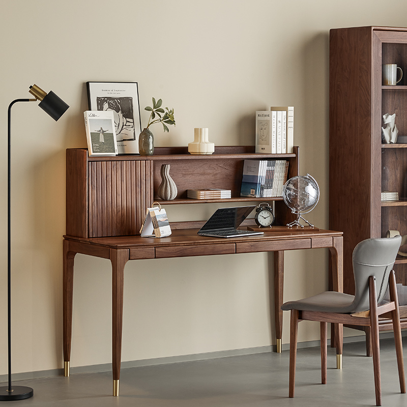 北美黑胡桃木实木书桌带书架简约办公桌卧室梳妆台多功能学习桌