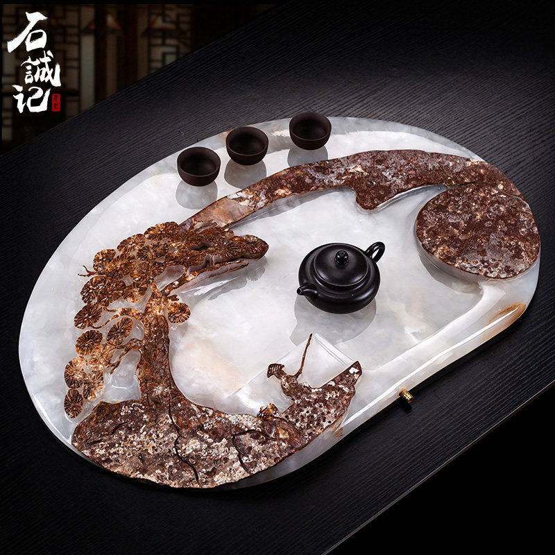 石诚记玉石茶盘排水式家用茶托现代功夫茶具天然石头茶台大号,家居饰品,装饰摆件,淘宝优惠券,粉丝福利购,淘宝优惠卷