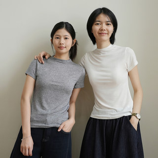 兰精天丝羊毛 女士小立领薄款短袖 软乎乎圆领纯色T恤衫 夏款女装