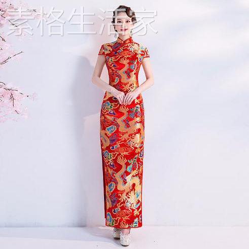 2025新款红色中式新娘敬演中出表演走秀酒旗礼仪主持人婚纱礼服袍