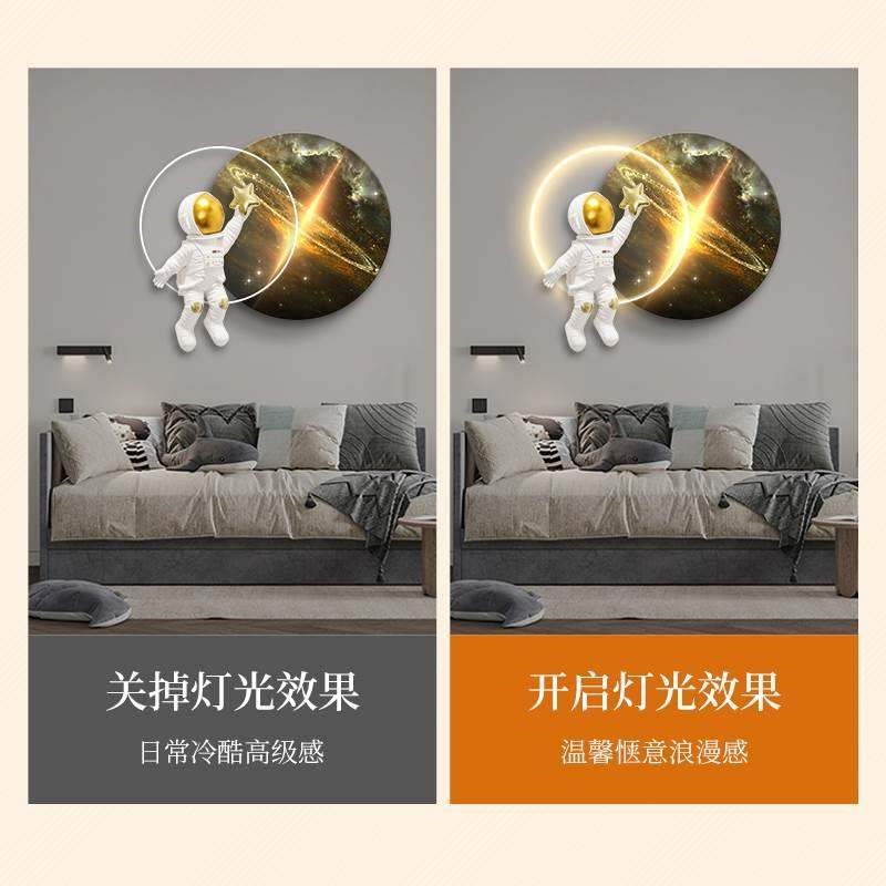 宇航员宇宙房装饰画卡通发光灯画创意圆形男孩女孩床头挂画图片