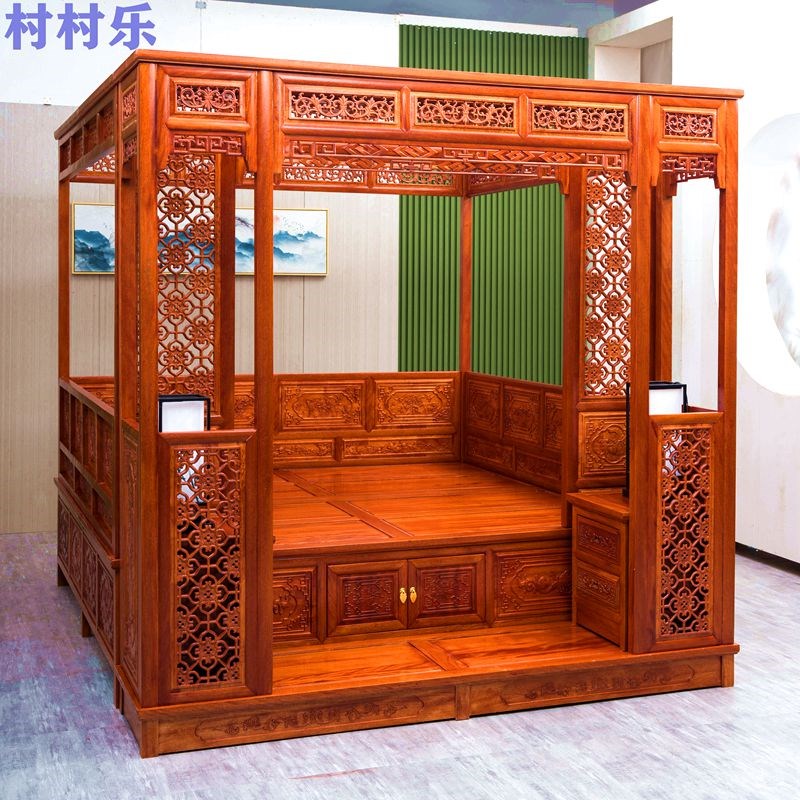 中国风中式千工宫廷实木床拔踏步床架子床复古典红花梨仿古代家具