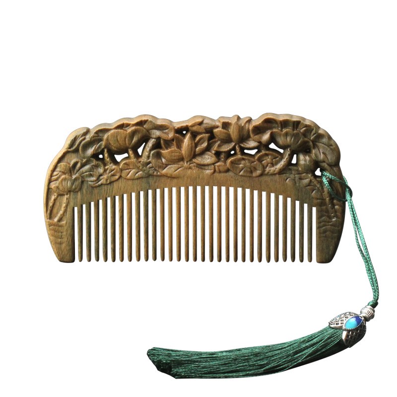 小李子绿檀木古风按摩梳子女士长发专用便携雕花梳檀香木养发木梳