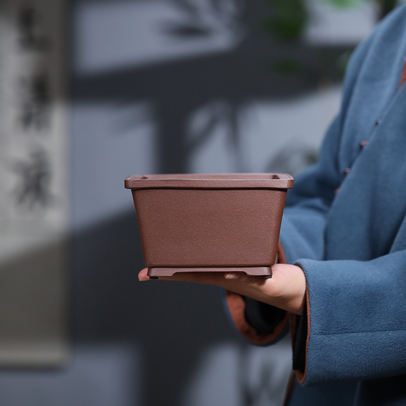 尚扣紫砂 紫泥素面小盆景盆 桌面绿植古雅四方长方花盆松柏手工盆