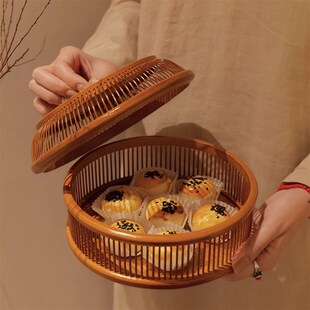 糕点托盘藤编簸箕糖果篮 手工竹编圆形水果篮收纳筐家用茶点盘中式