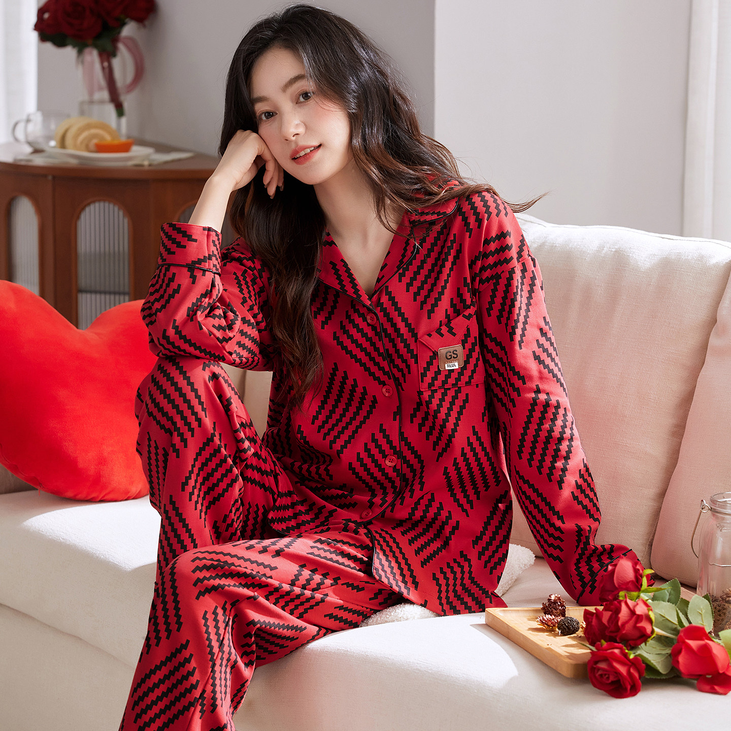 睡衣女春秋款秋季长袖纯棉家居服休闲可外穿本命年大红色新年套装