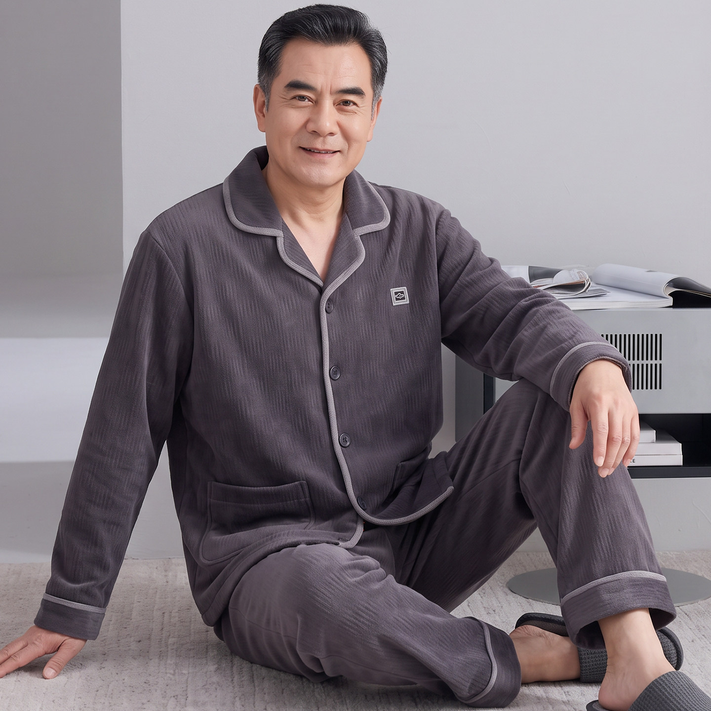 珊瑚绒睡衣男冬季加厚加绒复合绒双层保暖中年爸爸秋冬家居服套装