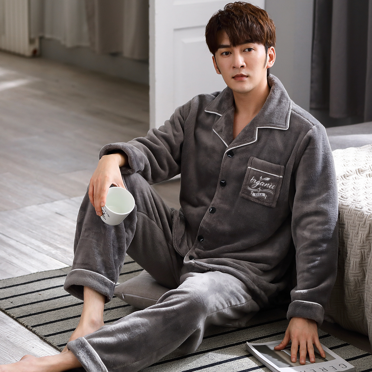 睡衣男款秋冬季男士珊瑚绒加绒
