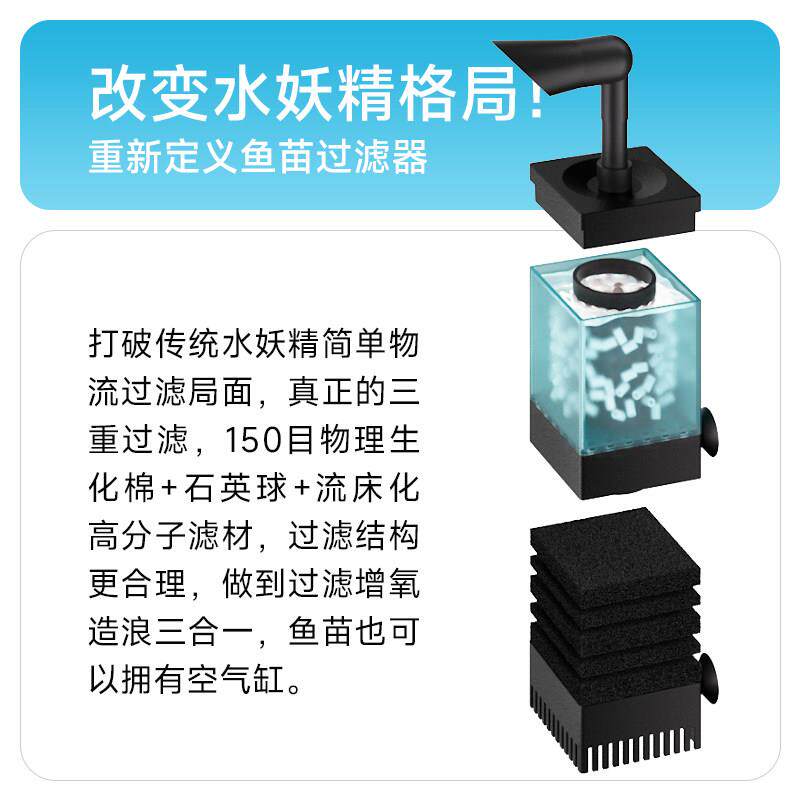 彻朗气动水妖精内置三合一增氧水循环静音氧气泵鱼缸过滤器反气举