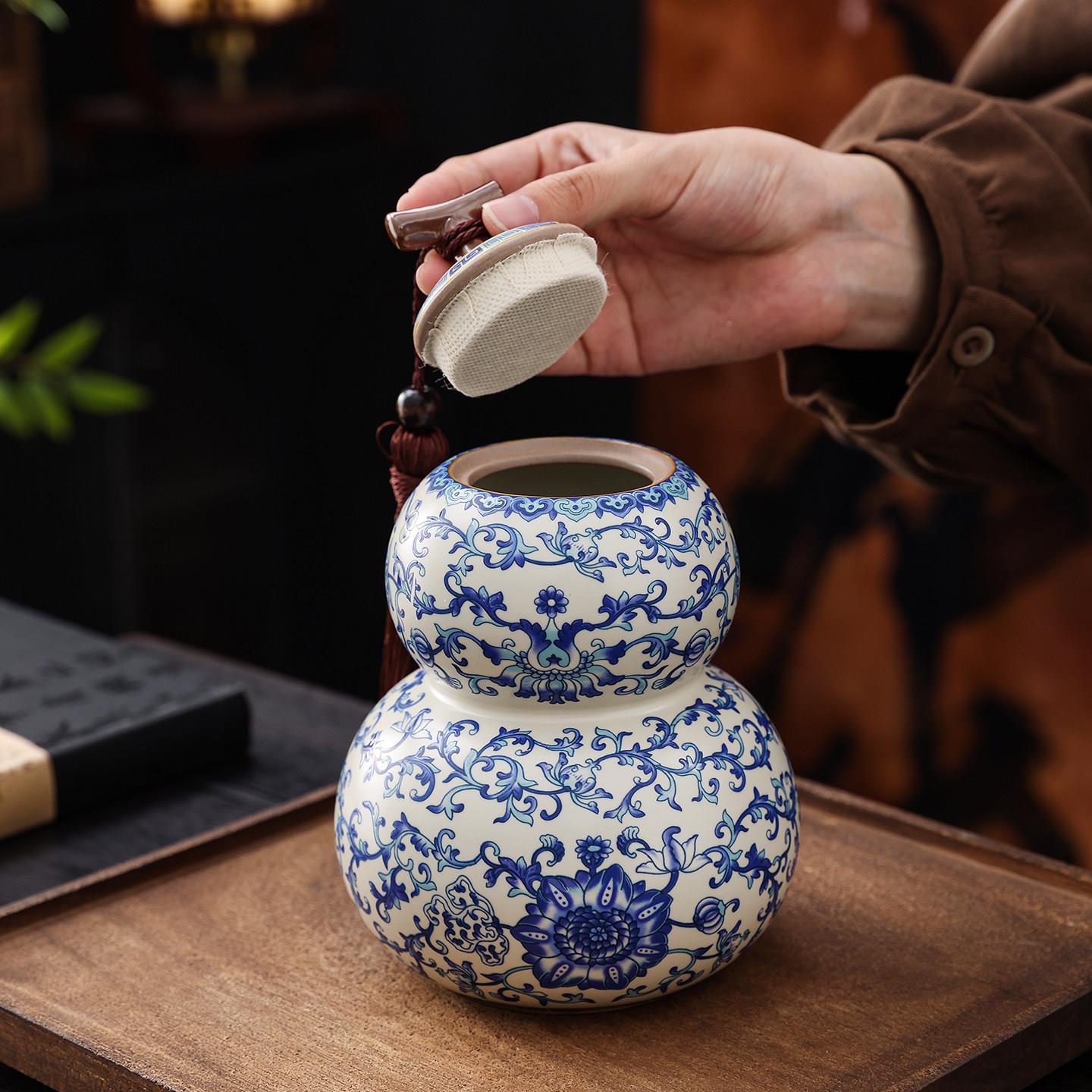 青花汝窑瓷茶叶药熟罐 大号葫芦中药粉罐 地陈皮丸陶分ACQ装瓶密