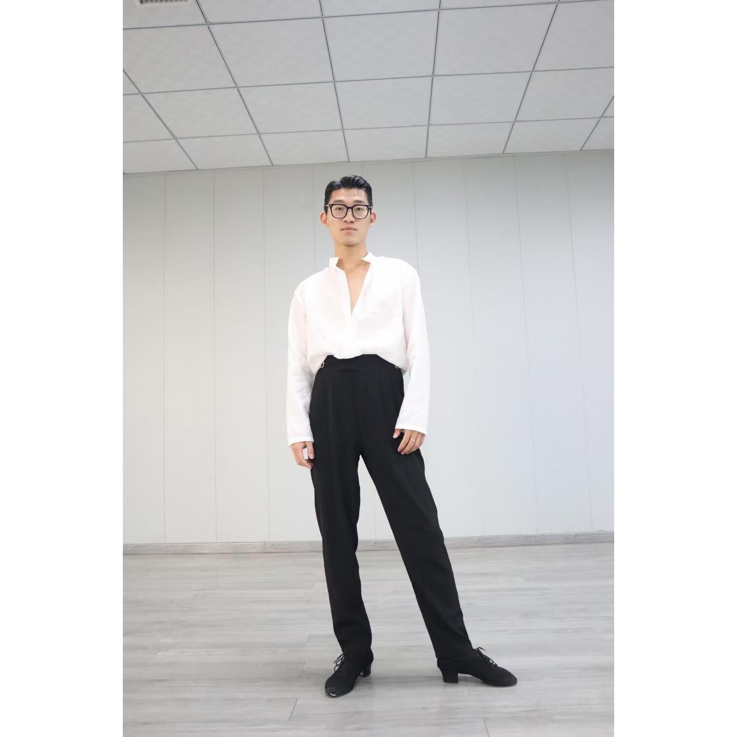 拉丁舞新款男士西裤黑拉丁裤两裤侧调节色扣高RND腰直筒服表演艺