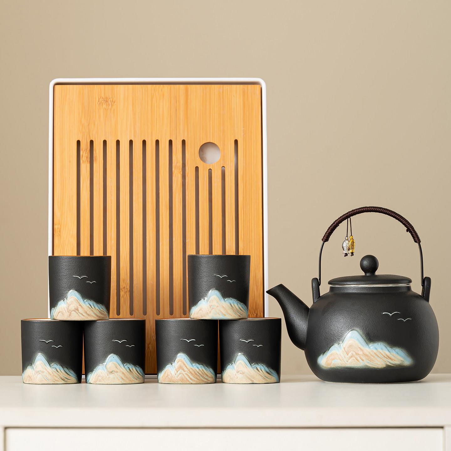 茶浮雕江山提梁DCJ壶功夫茶具套装陶瓷用黄简约中式米现家代泡茶