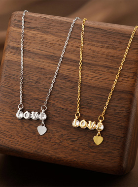 跨境时尚LOVE字母镶钻钛钢项链女爱心流苏吊坠轻奢高级感女锁骨