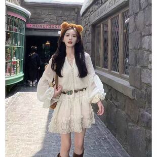 收腰灯笼新款2026春秋季甜美连衣裙长袖氛围穿搭法式气质优雅短裙