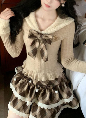 甜美学院风套装海军领蝴蝶结上衣+格纹花边蓬蓬半裙少女感两件套