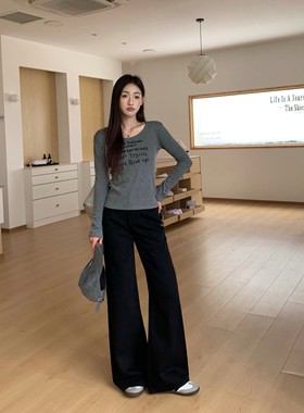 美式黑色阔腿牛仔裤女2025年秋冬高腰直筒宽松百搭休闲显瘦拖地裤