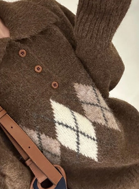 美拉德咖色菱格polo领毛衣女慵懒外穿早秋冬季宽松chic针织衫上衣