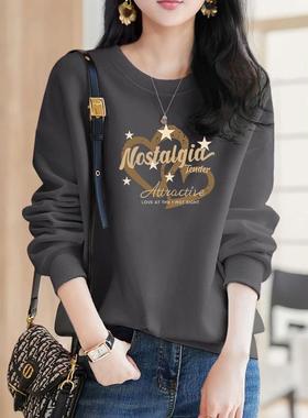 秋冬上新烟灰色爱心印花卫衣女士圆领无帽正肩韩版上衣显白打底衫