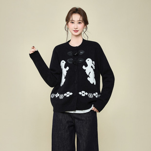 费尔岛提花宽松加厚毛衣外套女2026秋冬季蕾丝下摆内搭打底衫上衣
