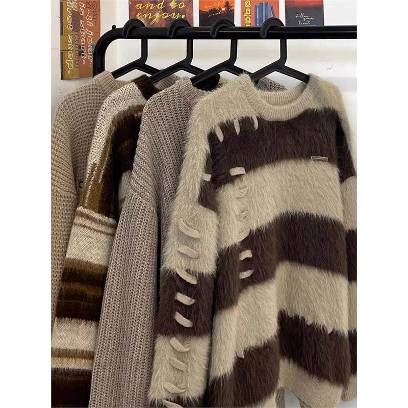 软糯水貂绒条纹撞色毛衣