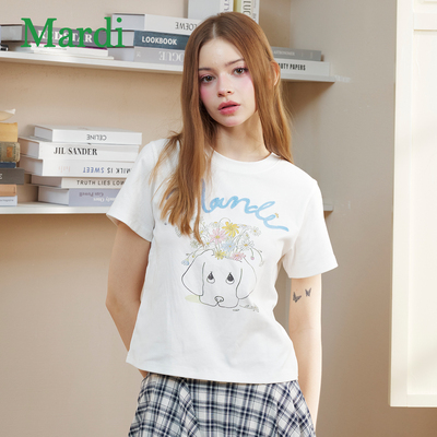 MARDI白色短袖印花小狗T恤女