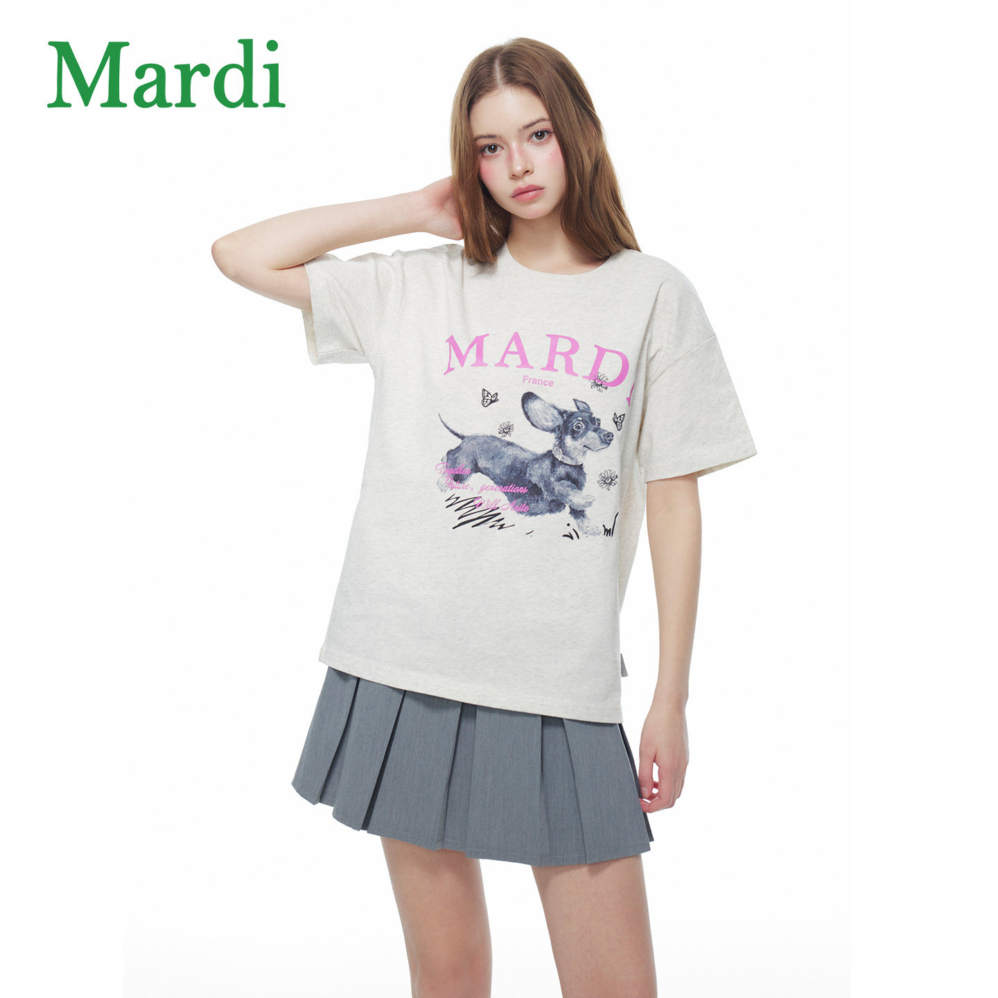 MARDI卡通小狗印花短袖T恤女夏宽松休闲上衣常规款圆领雾灰少女