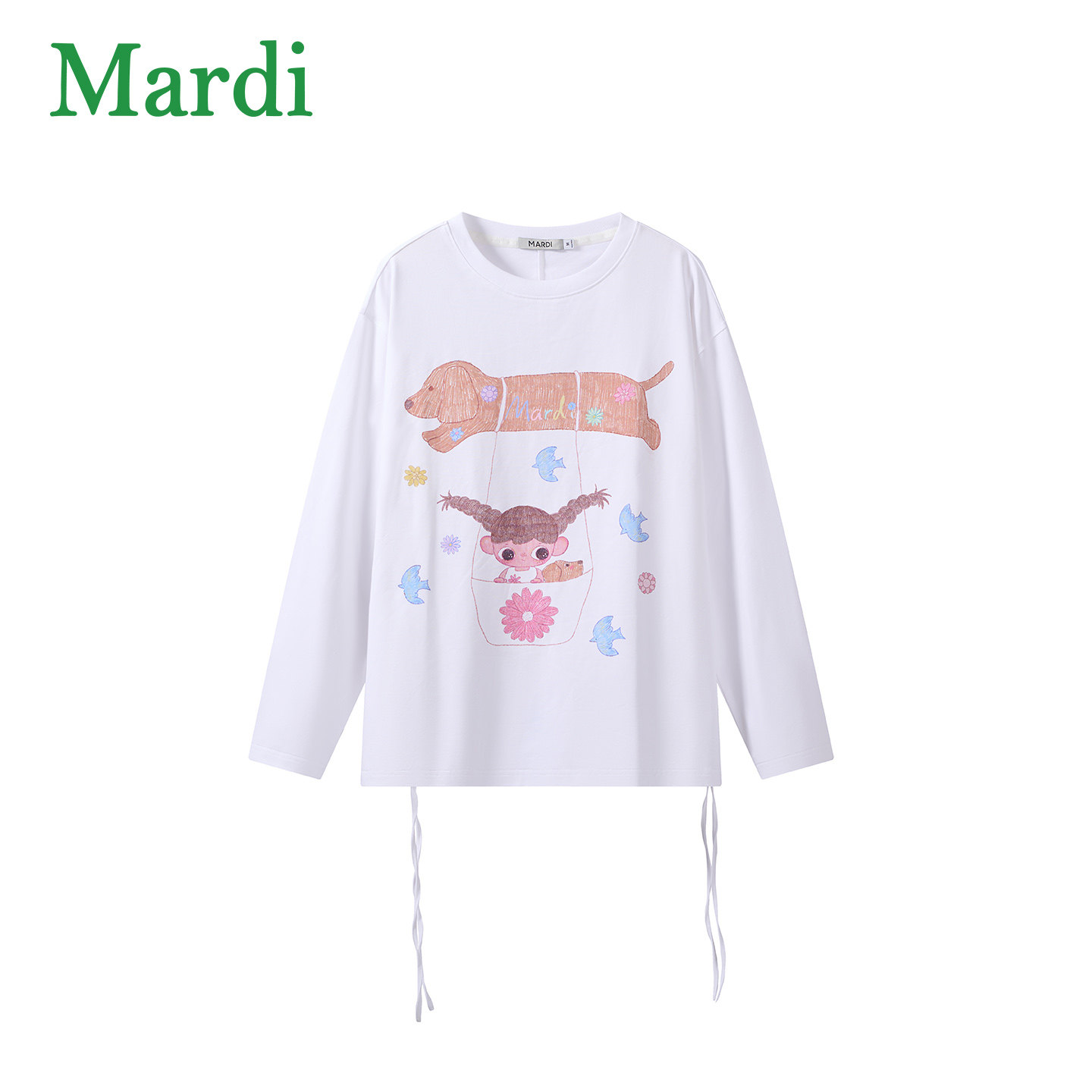 MARDI可爱卡通时尚长袖T恤女白色抽绳休闲上衣动物韩版圆领通勤