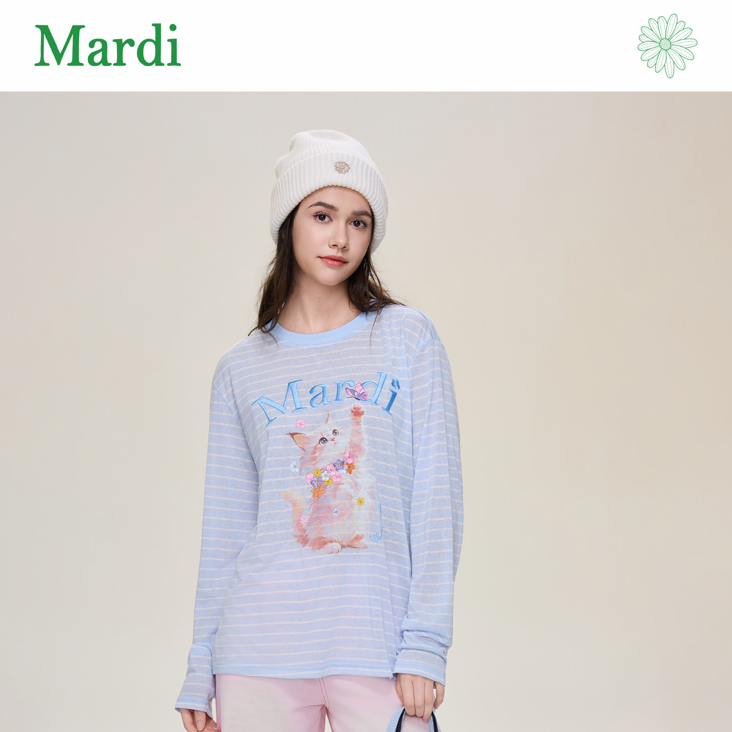 MARDI/玛尔帝可爱风猫咪印花长袖T恤女宽松防晒罩衫上衣休闲女装