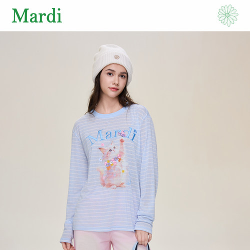 MARDI/玛尔帝可爱风猫咪印花长袖T恤女宽松防晒罩衫上衣休闲女装