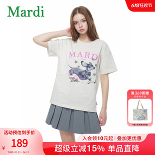 MARDI卡通小狗印花短袖T恤女夏宽松休闲上衣常规款圆领雾灰少女