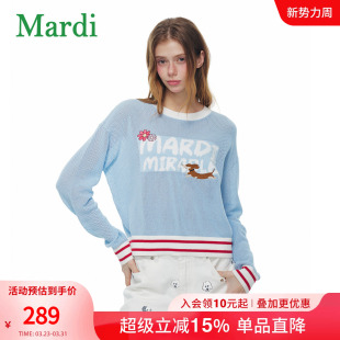 条纹学院风上衣罩衫 女长袖 26新款 MARDI蓝色卡通刺绣圆领针织衫