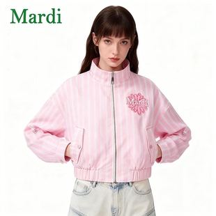 MARDI休闲风粉色条纹短外套女立领拉链百搭收腰夹克外套短款刺绣