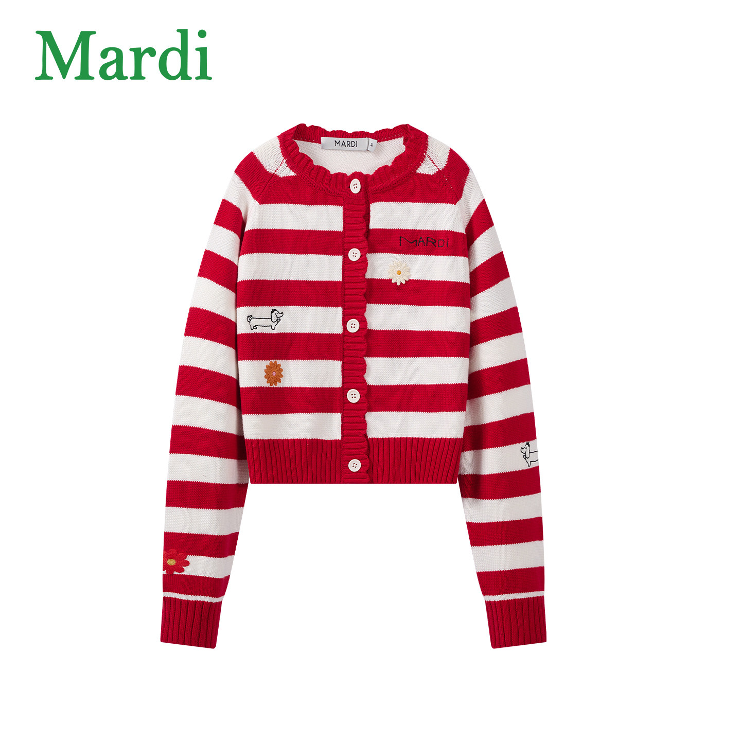 MARDI小雏菊毛衣女条纹针织开衫女圆领刺绣休闲时尚外套红色少女